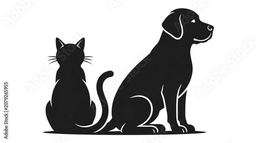 Obraz na płótnie Black silhouette of a loyal dog and a curious cat sitting together, symbolizing