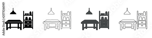 Vászonkép Simple icons depicting a table, shelf, and pendant lamp in four distinct styles