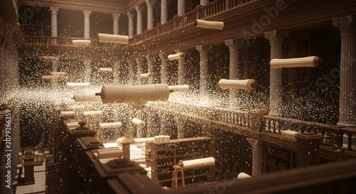 Ancient library interior with magical glowing scrolls floating through columns and wooden bookshelves in a vast hall