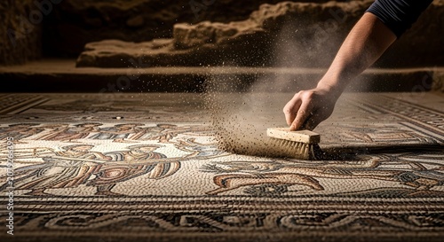 Archaeologist hand cleaning ancient roman mosaic floor with brush at an excavation site in dramatic lighting