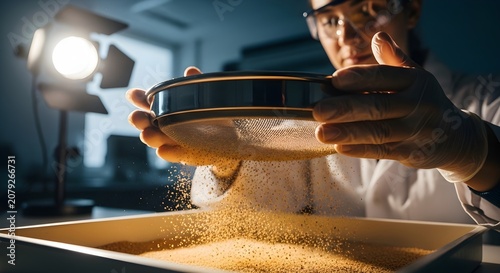Scientist in lab coat sifting golden grains through a metal sieve for quality control in a laboratory