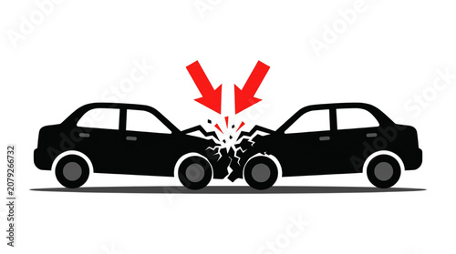 Foto Two Black Car Silhouettes Colliding Head On With Red Arrows Indicating Impact Po