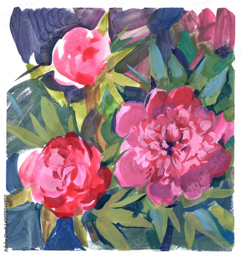 Expressive gouache painting of pink peonies with lush green foliage, vibrant floral composition in bold brushstrokes and modern artistic style
