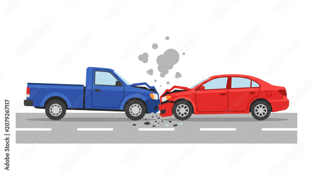 Fototapeta premium A blue pickup truck and a red car in a head-on collision accident on a city road illustration