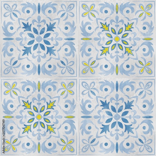 Floral tile design with blue and yellow elements arranged symmetrically on a light background, suitable for various decorative applications