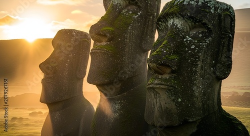 Three ancient Moai statues on Easter Island at sunrise with golden light and moss covering their stone faces