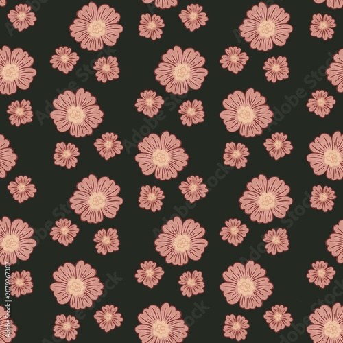 Floral pattern illustration featuring pink flowers on a dark background, showcasing various sizes and arrangements of blossoms in a seamless design