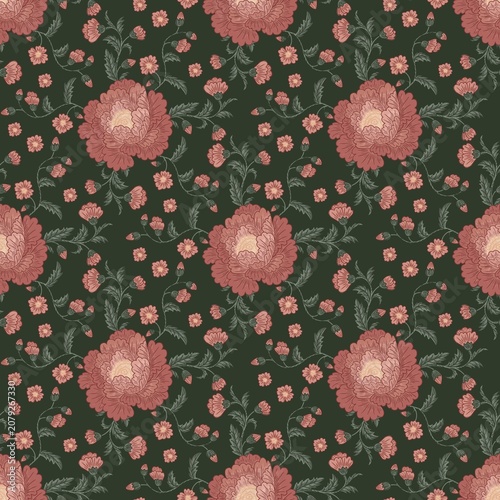 Floral pattern design featuring large pink peonies and smaller flowers on a dark green background, suitable for textiles, wallpapers, and home decor applications