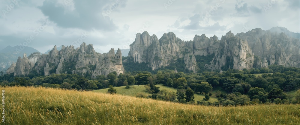 Obraz premium Rocky mountain range with grassy field in the foreground