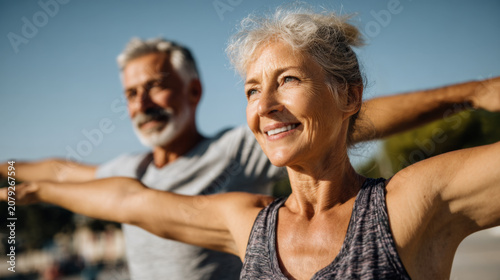 Happy Senior Couple Stretching Outdoors by the Water