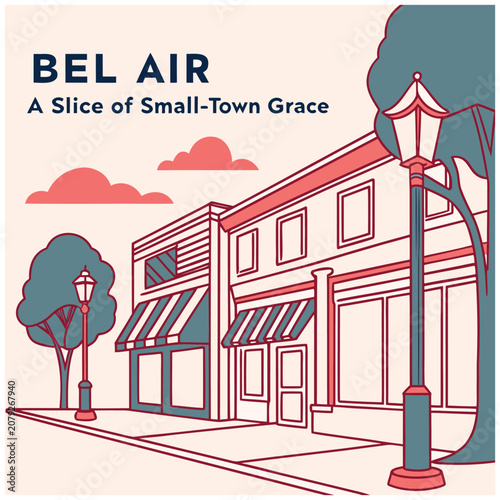 Bel Air Small-Town Main Street Vector Illustration featuring Retro Storefronts, Vintage Street Lamps, and Charming Shop Fronts in Pink and Teal