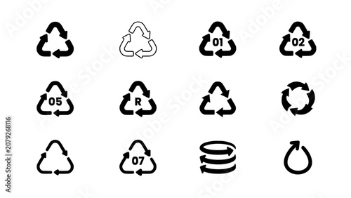 Recycling Symbol Set of Twelve Distinct Icons Arranged in a Grid, Minimalist Black and White Sustainability Concept Design