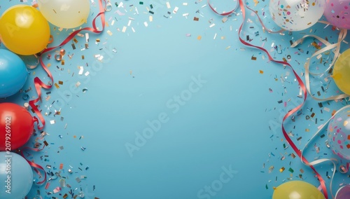 Overhead flat lay of festive balloons confetti and ribbons decorating a blue background suitable for copy space