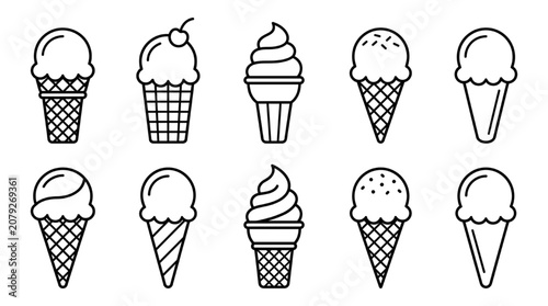 Tableau sur toile Set of ten monochrome ice cream cone icons representing various flavors and styl