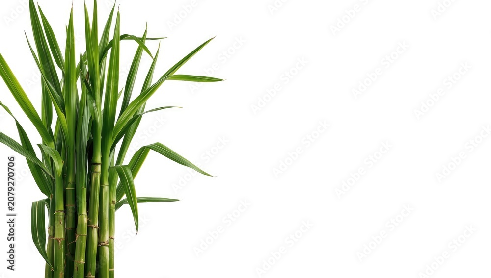 Naklejka premium Sugarcane stalks and fresh leaves isolated on bright white background with space for text