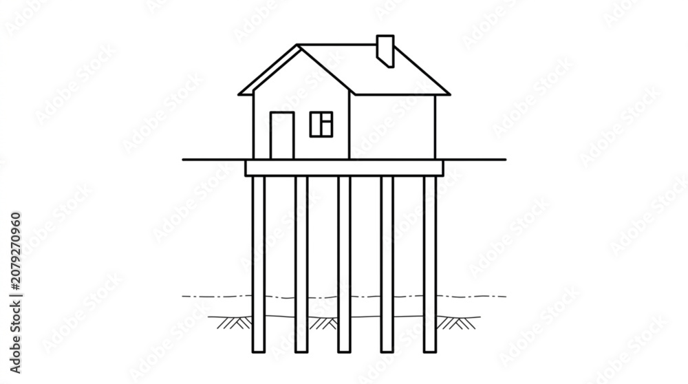 Obraz premium House on Deep Pile Foundation System - Structural Engineering Line Art