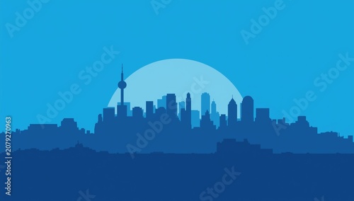 City skyline silhouette with blue gradient background
