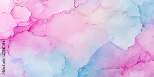 Abstract alcohol ink texture background with soft pastel pink and blue fluid marble waves and dreamy watercolor swirls