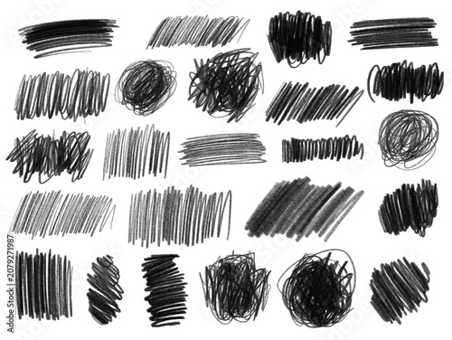 Raster set of black pencil scribbles and shading strokes on light background, hand-drawn sketch textures, rough hatching and abstract shapes for design, overlays, and artistic elements