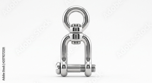 Macro of a polished stainless steel marine swivel shackle with a screw pin. Heavy-duty sailing hardware isolated on white.