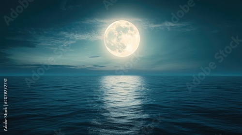 A glowing, radiant full moon over a tranquil ocean, symbolizing peace and hope in the battle against tuberculosis