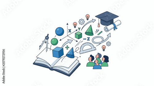 Illustration of people learning with an open book and educational symbols