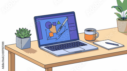 Laptop on desk with office supplies.