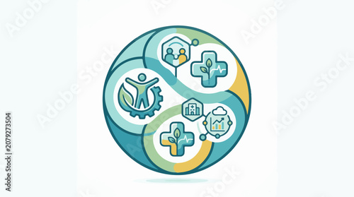 A stylized globe with interconnected teal and yellow sections containing health growth and industrial icons