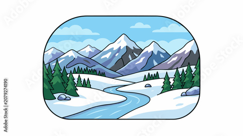 Snowy mountain landscape with winding river.