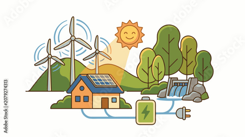 A cartoon illustration of a house with solar panels on its roof connected to a battery and a plug with wind turbines