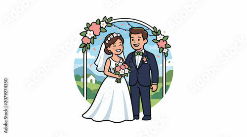 A cartoon illustration of a smiling bride and groom on their wedding day