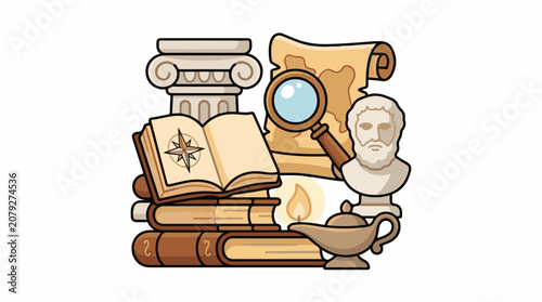 A cartoon illustration of a stack of books with a magnifying glass lamp bust and scroll