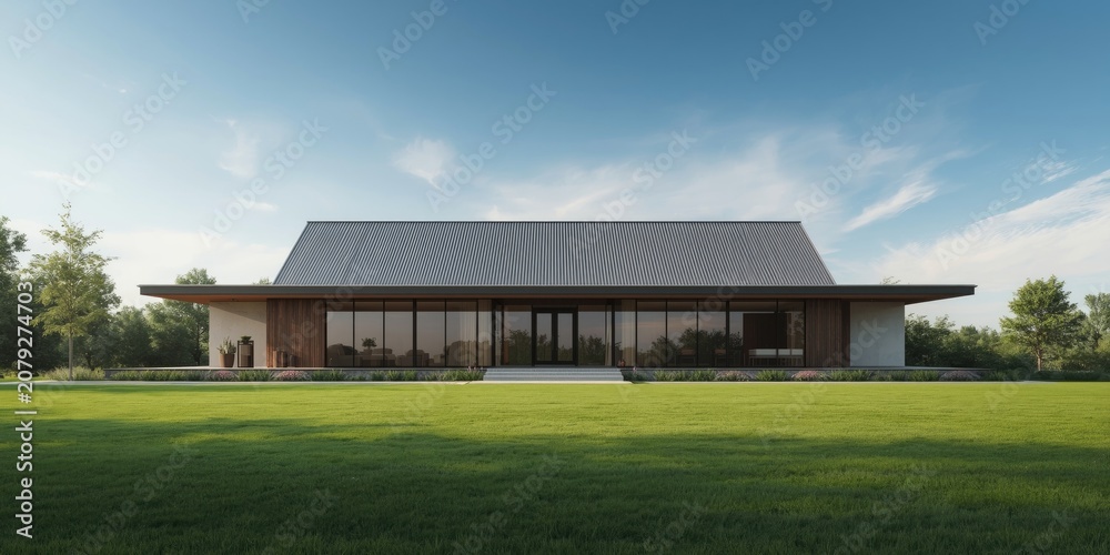 Obraz premium Modern residential building frontage with spacious lawn and clear sky perfect for promotional text