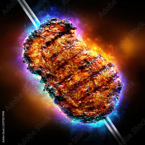 Surreal conceptual food photography of a grilled picanha steak on a metal skewer surrounded by colorful cosmic energy fire created with Generative AI Technology, ai, generative