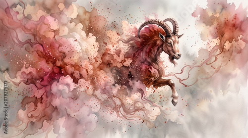 Wild goat jumping through colorful clouds in a dreamy atmosphere