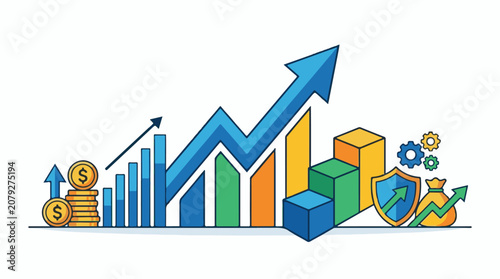 A colorful illustration of a growing business with graphs and money