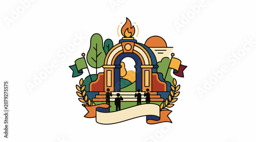 A colorful illustration of an archway with a flame on top surrounded by leaves and people