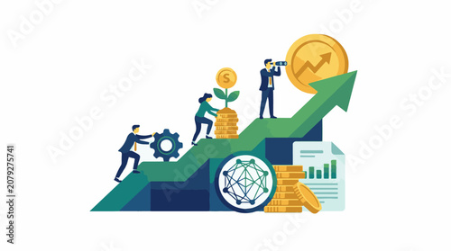 A colorful infographic depicts business growth with people coins and graphs