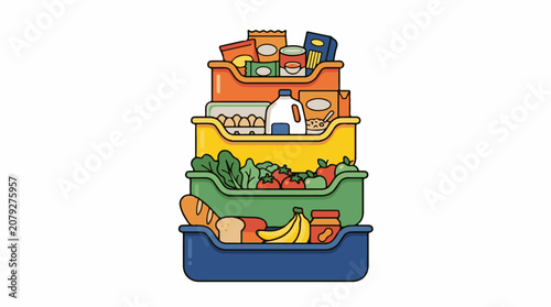 A colorful stack of plastic bins filled with various grocery items