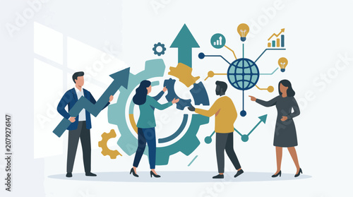 A diverse group of four people collaborating and interacting with various symbolic graphics