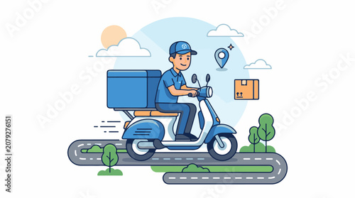 A delivery person rides a blue scooter on a road with a package