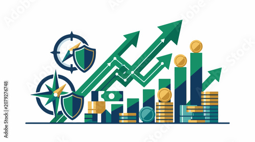 A green and blue graphic illustration depicting growing financial success with arrows coins and shields