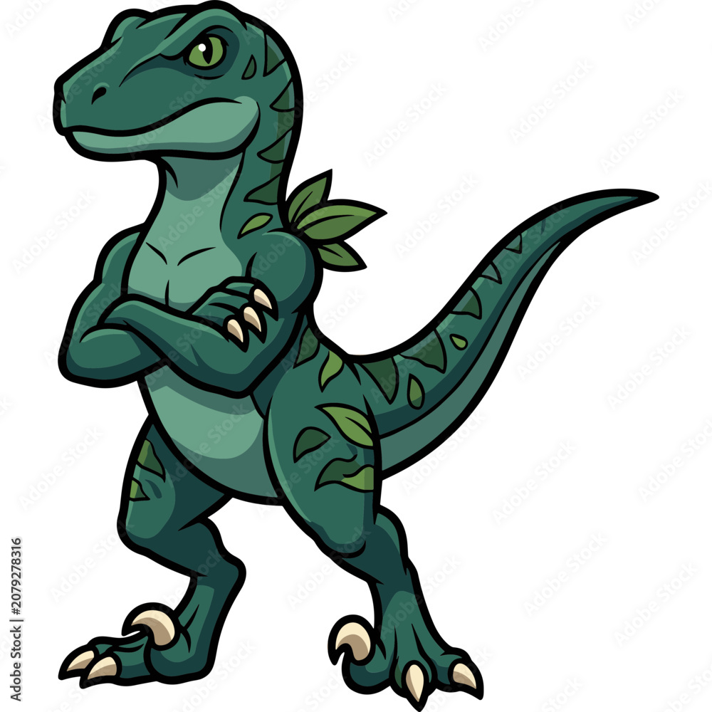 Fototapeta premium A cartoon dinosaur with green skin and leaves on its body stands confidently.