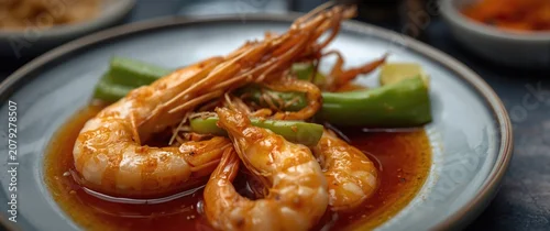 Obraz  z motywem Shrimp in spicy sauce with vegetables on plate