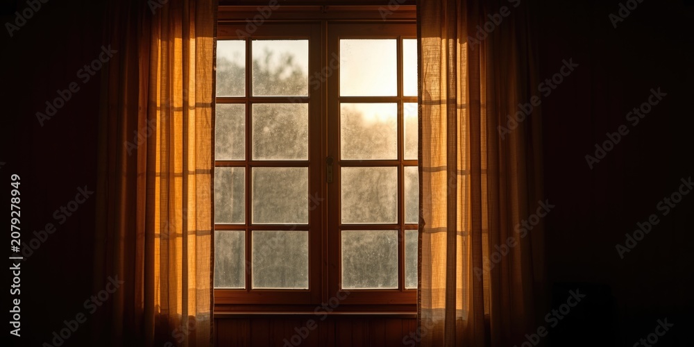 Obraz premium Warm daylight streaming in from a wide wooden window framed by flowing curtains with a gentle blur outside