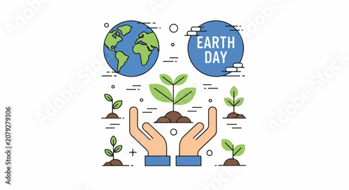 Hands cradle a growing plant with a globe and 'Earth Day' text overhead symbolizing care for the planet