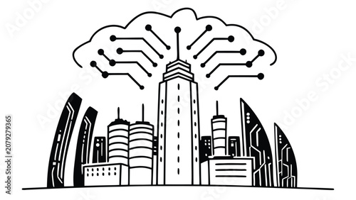 Tableau sur toile Modern Urban City Skyline Vector Illustration with Skyscrapers Buildings Archite
