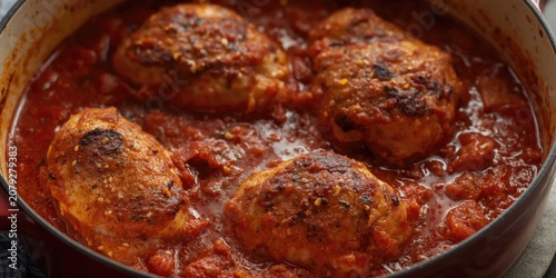 Baked chicken thighs cooking in tomato sauce