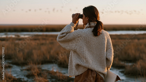 Over the shoulder view of an ornithologist in rubber boots standing in a marsh at golden hour, binoculars raised, a field notebook open in one hand, dozens of migrating shorebirds