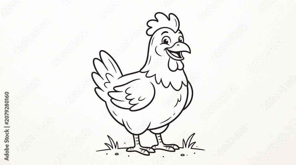 Fototapeta premium Smiling Chicken Outline Illustration Cute Farm Bird Cartoon Coloring Design